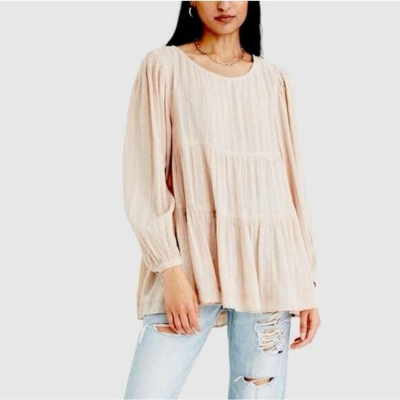 American Eagle Outfitters Tiered Babydoll Top Blouse Large Beige Long Sleeve - Picture 2 of 13